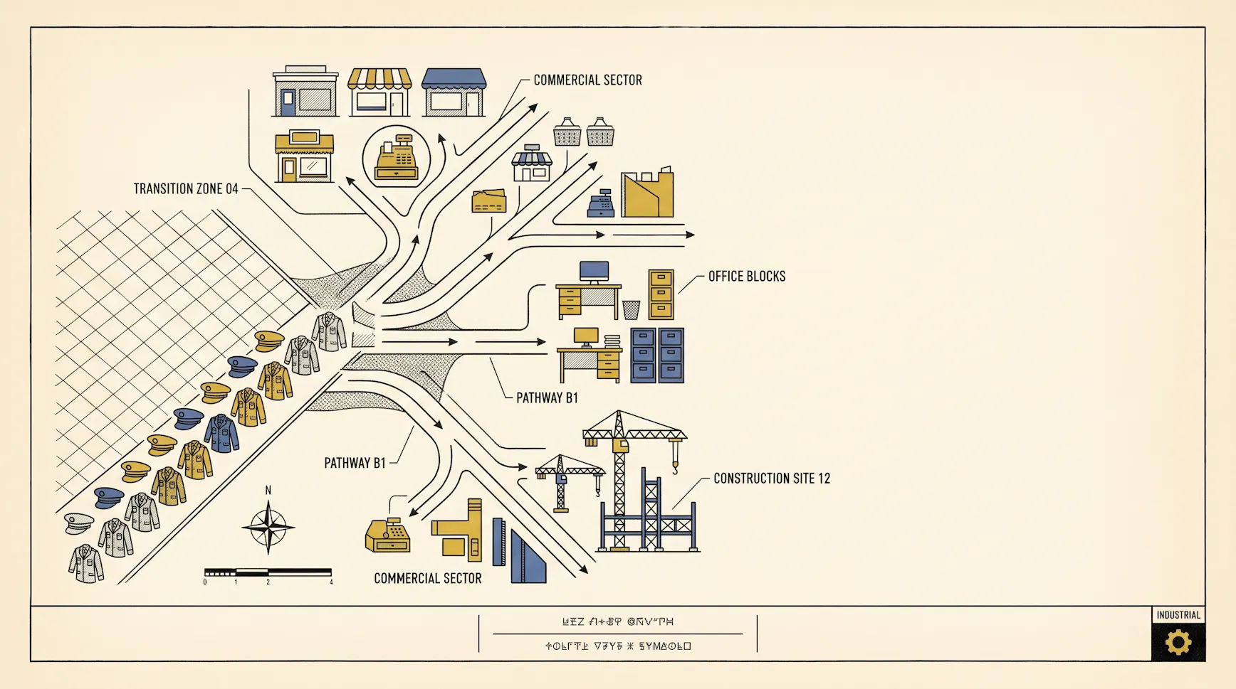Infographic-style map of military caps and jackets flowing along pathways into commercial, office and construction sectors