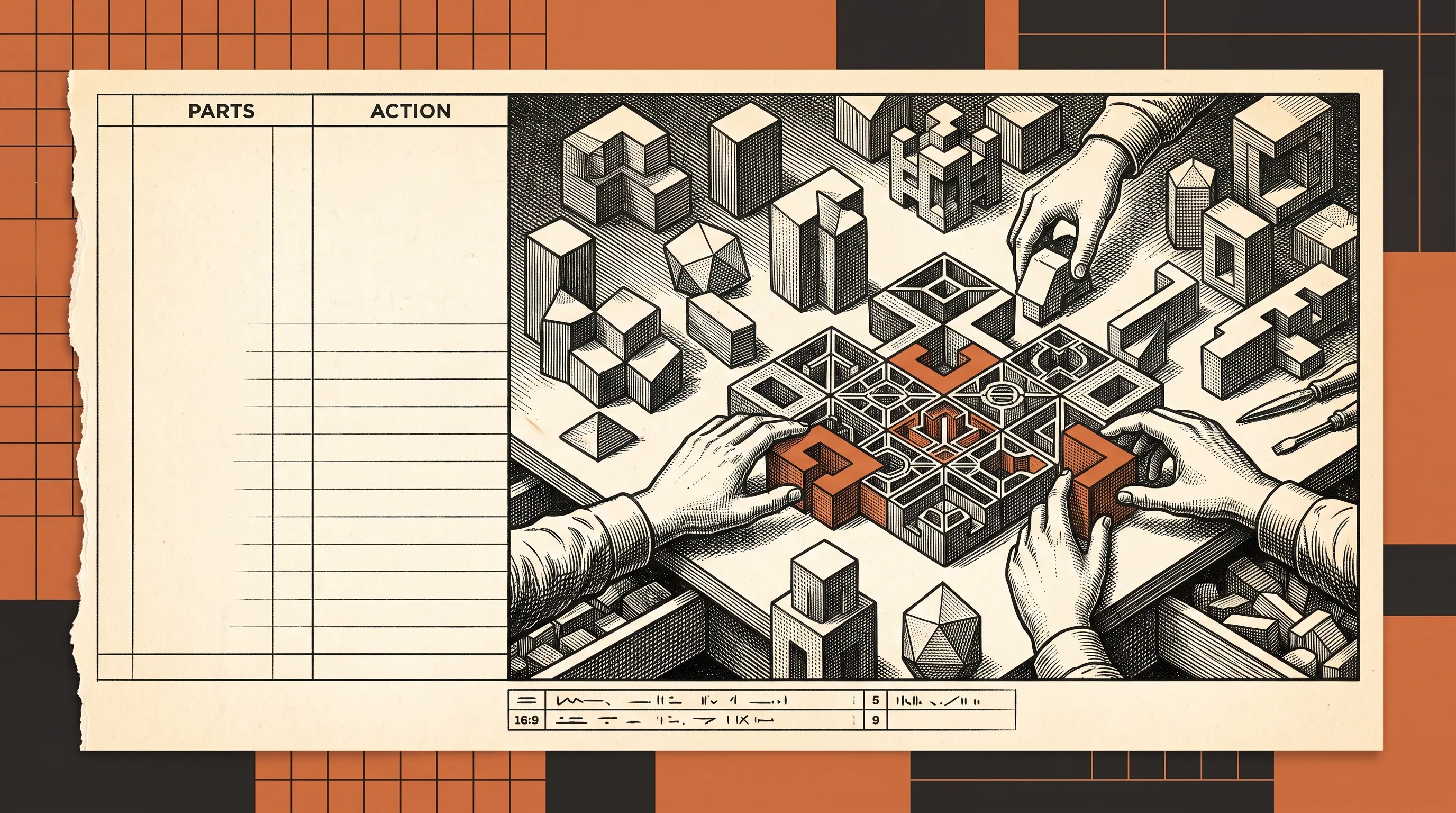 Illustration of hands assembling interlocking geometric blocks into a grid, with an empty 'Parts' and 'Action' table alongside