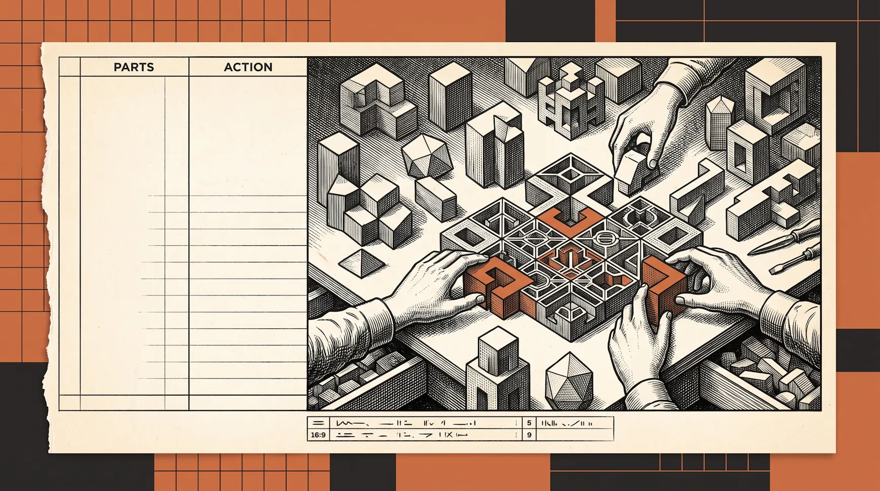 Illustration of hands assembling interlocking geometric blocks into a grid, with an empty 'Parts' and 'Action' table alongside