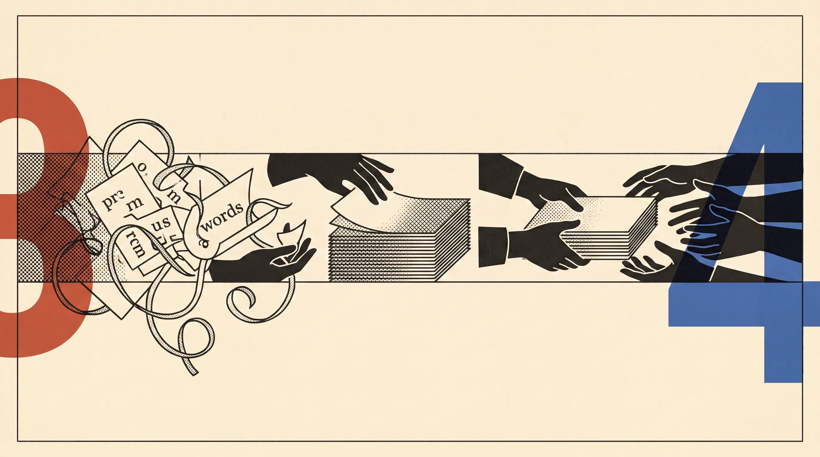 Illustration of jumbled word fragments turning into neat stacks of pages passed from hand to hand