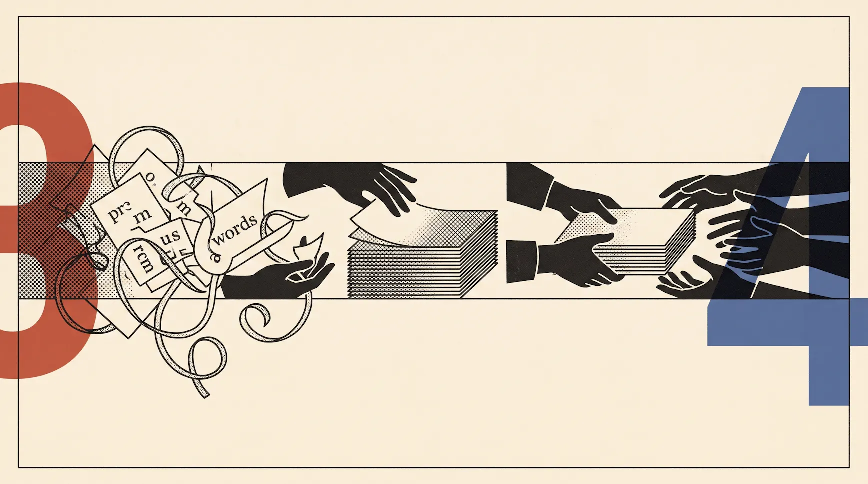 Illustration of jumbled word fragments turning into neat stacks of pages passed from hand to hand