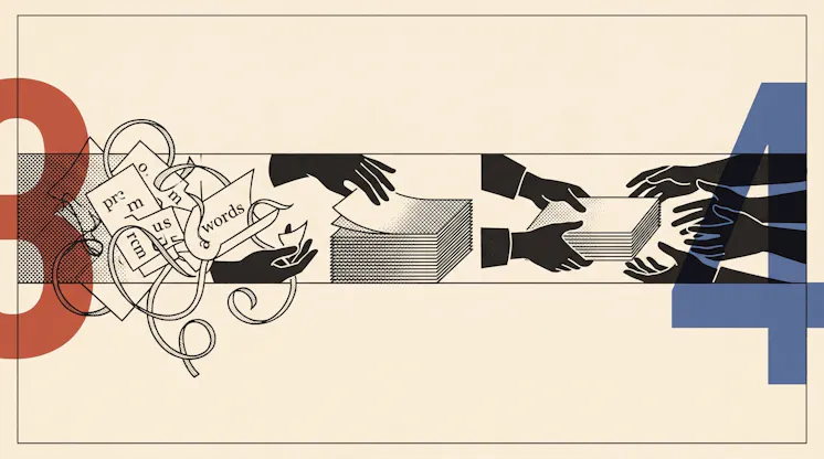 Illustration of jumbled word fragments turning into neat stacks of pages passed from hand to hand