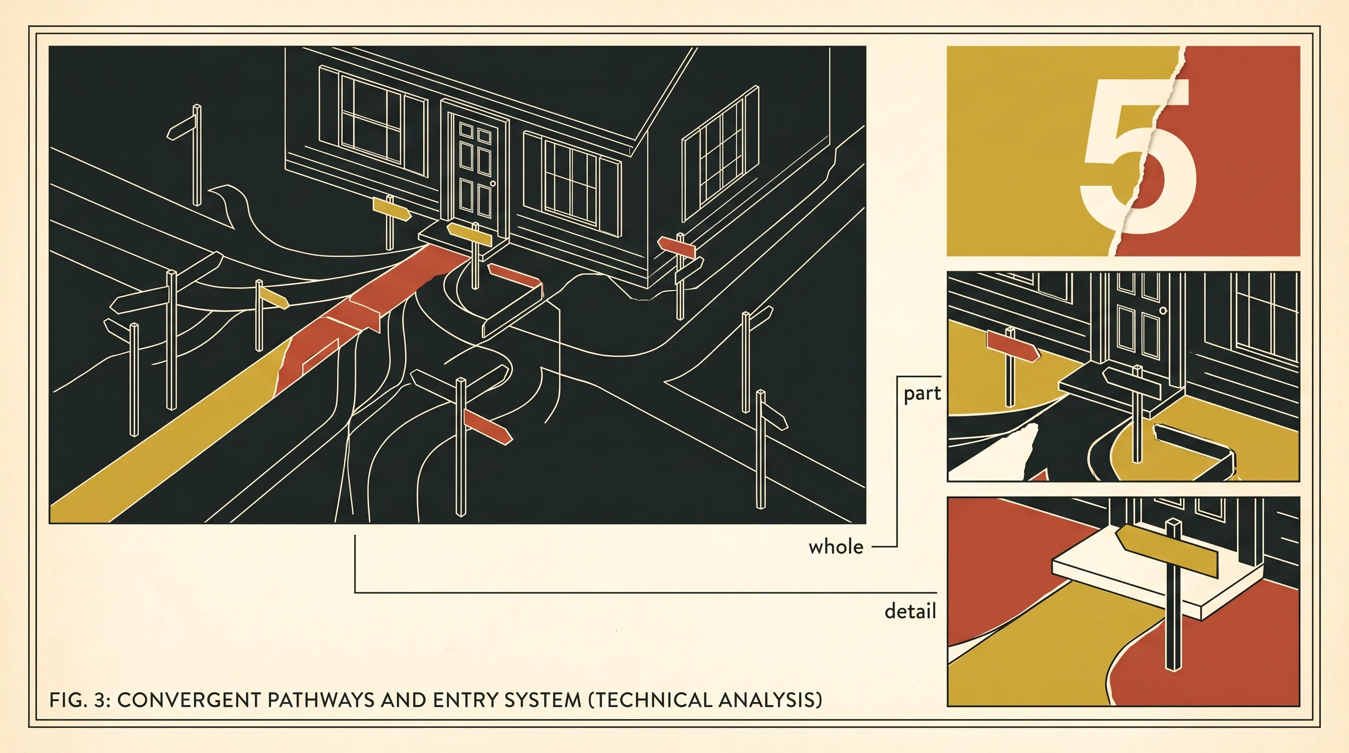 Technical illustration of converging paths and signposts leading to a house's front door, labeled convergent pathways and entry system