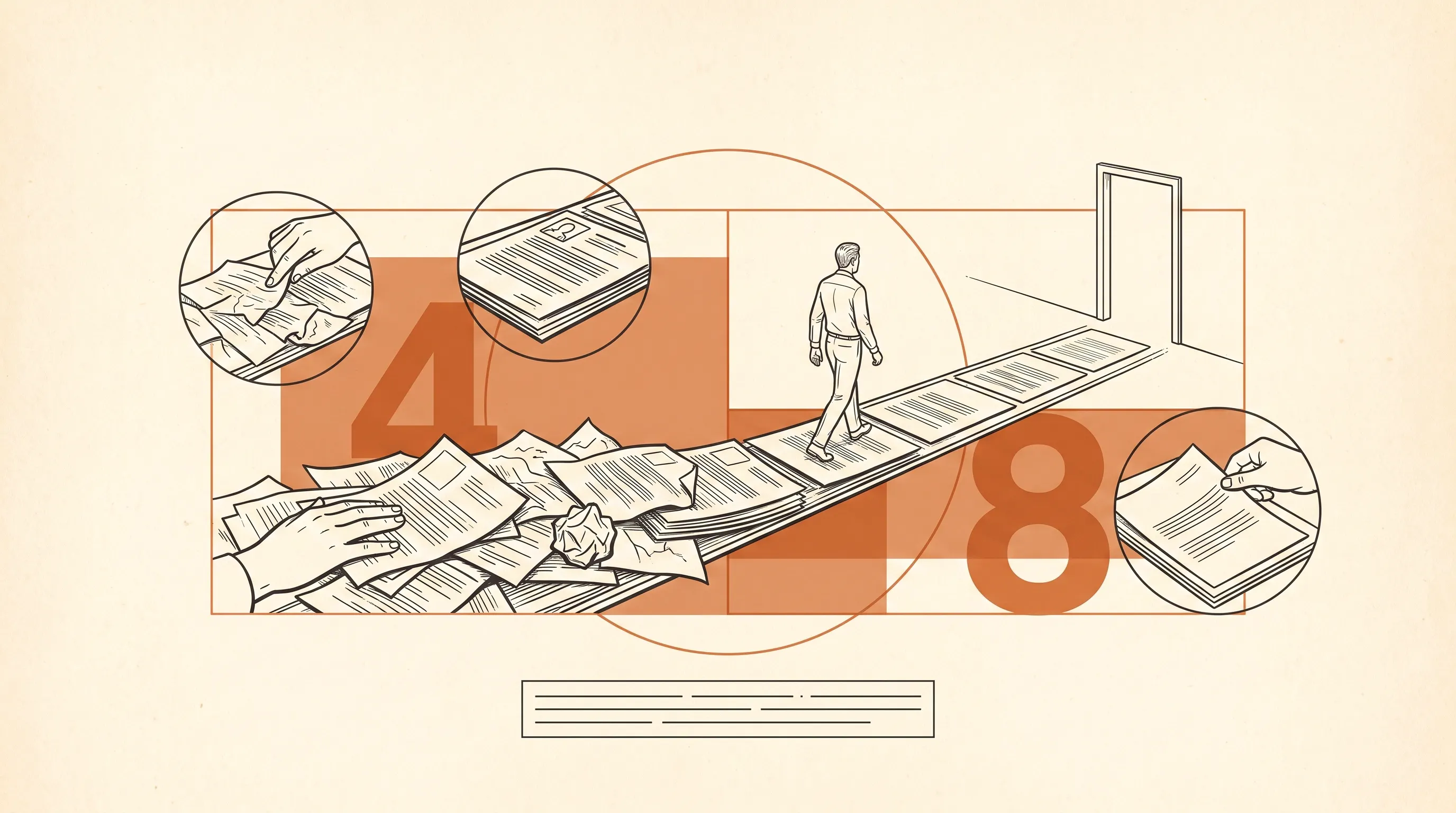 Illustration of a person walking a path of neatly stacked pages toward an open door, leaving a pile of crumpled papers behind