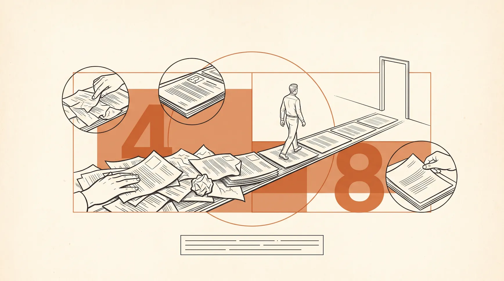 Illustration of a person walking a path of neatly stacked pages toward an open door, leaving a pile of crumpled papers behind