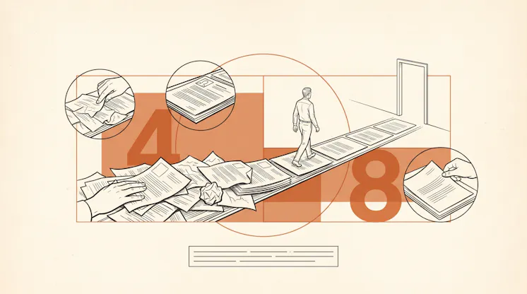 Illustration of a person walking a path of neatly stacked pages toward an open door, leaving a pile of crumpled papers behind