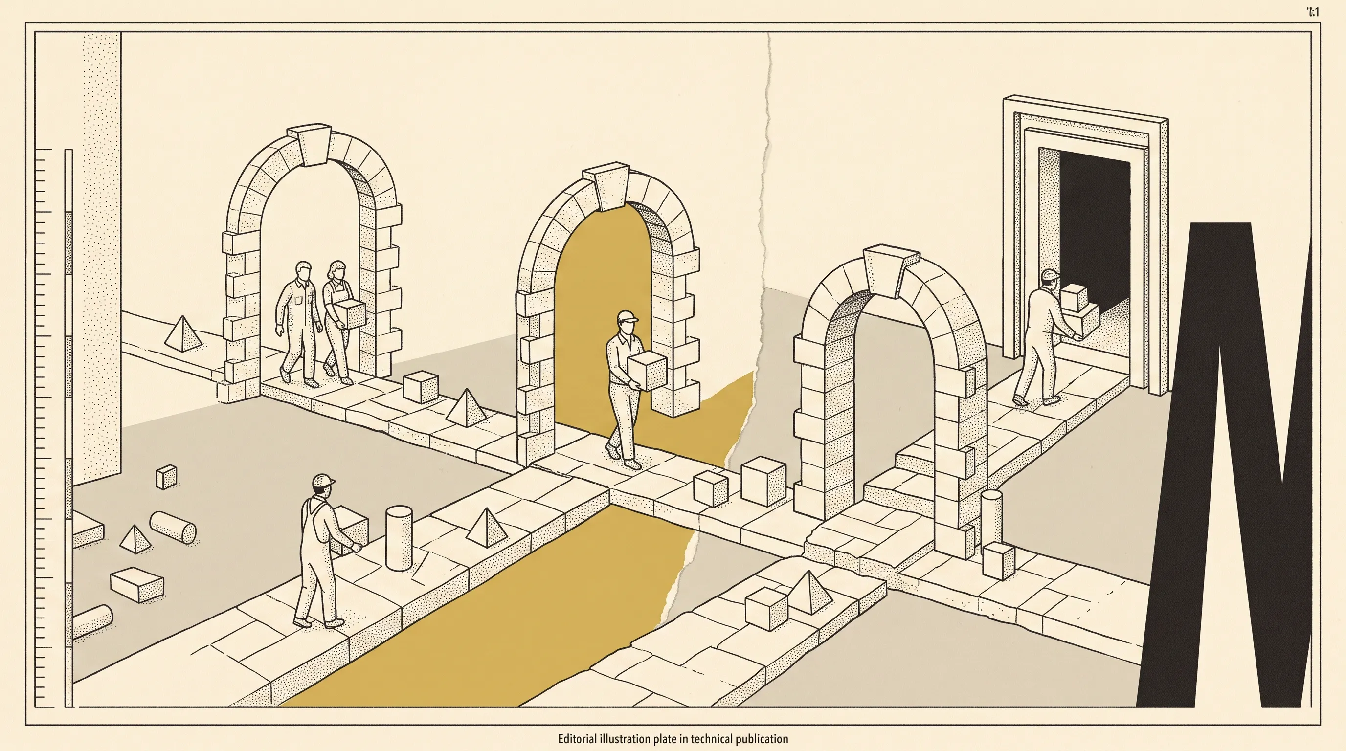 Isometric illustration of workers carrying boxes through a sequence of stone archways along a branching path