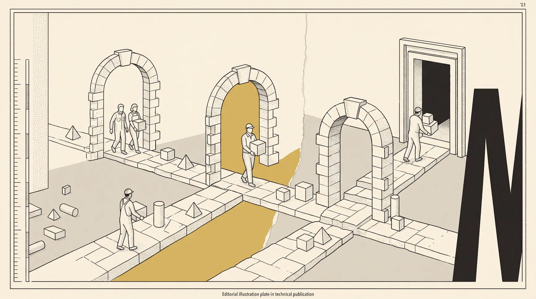 Isometric illustration of workers carrying boxes through a sequence of stone archways along a branching path