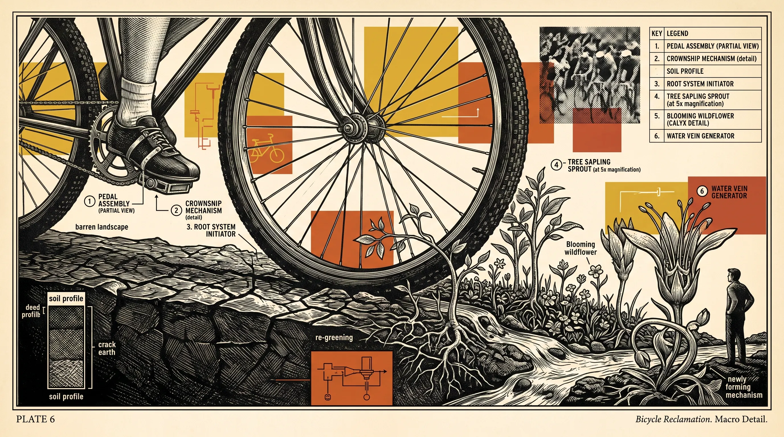 Vintage-style plate of a bicycle wheel over cracked earth where saplings and wildflowers sprout, captioned Bicycle Reclamation