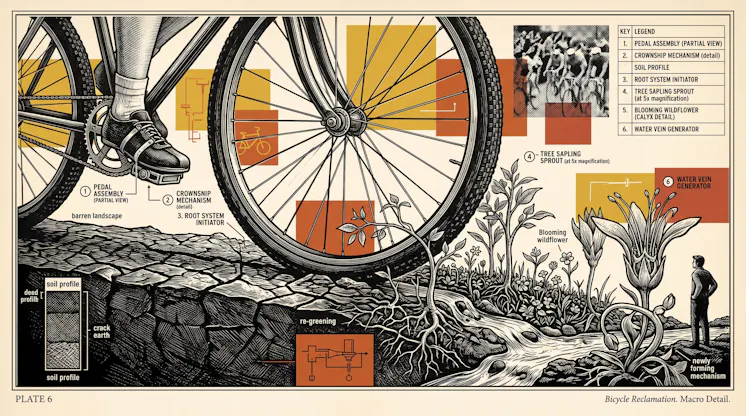 Vintage-style plate of a bicycle wheel over cracked earth where saplings and wildflowers sprout, captioned Bicycle Reclamation