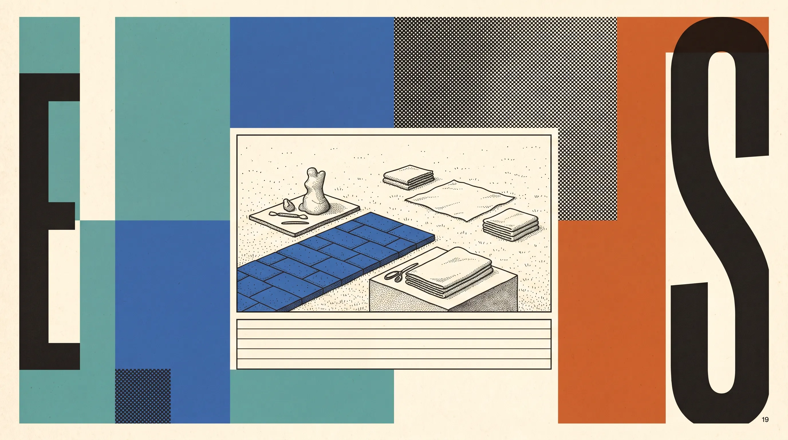 Illustration of a workbench with folded cloth, a small sculpture and a blue tile path, framed by large letters E and S
