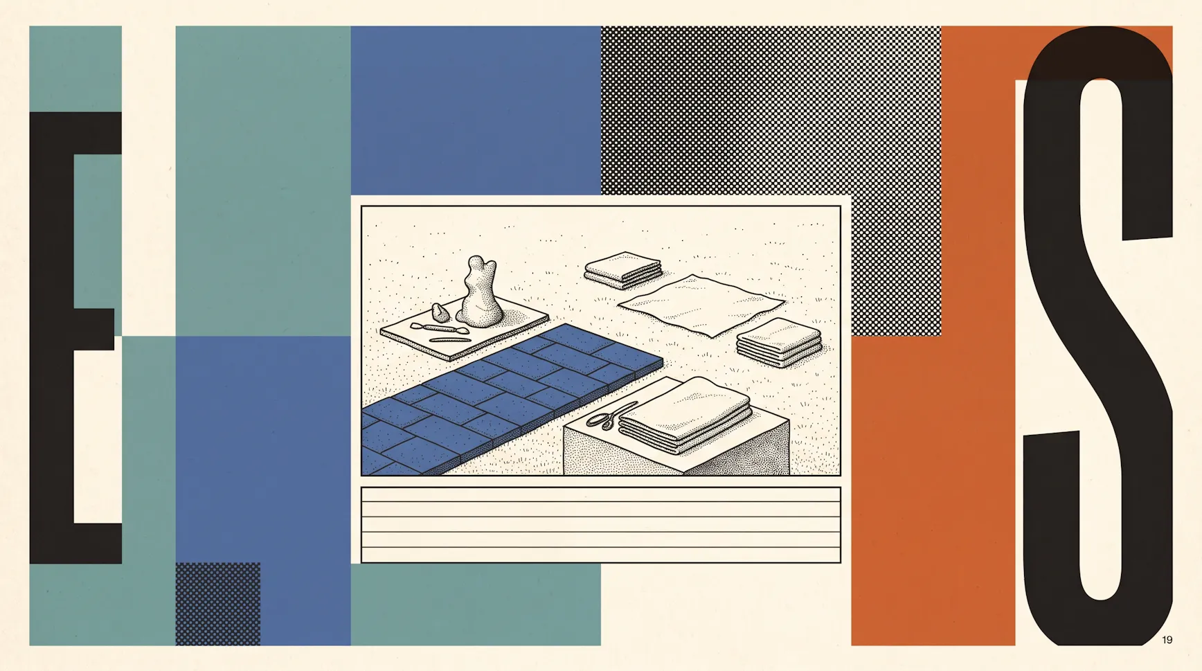 Illustration of a workbench with folded cloth, a small sculpture and a blue tile path, framed by large letters E and S
