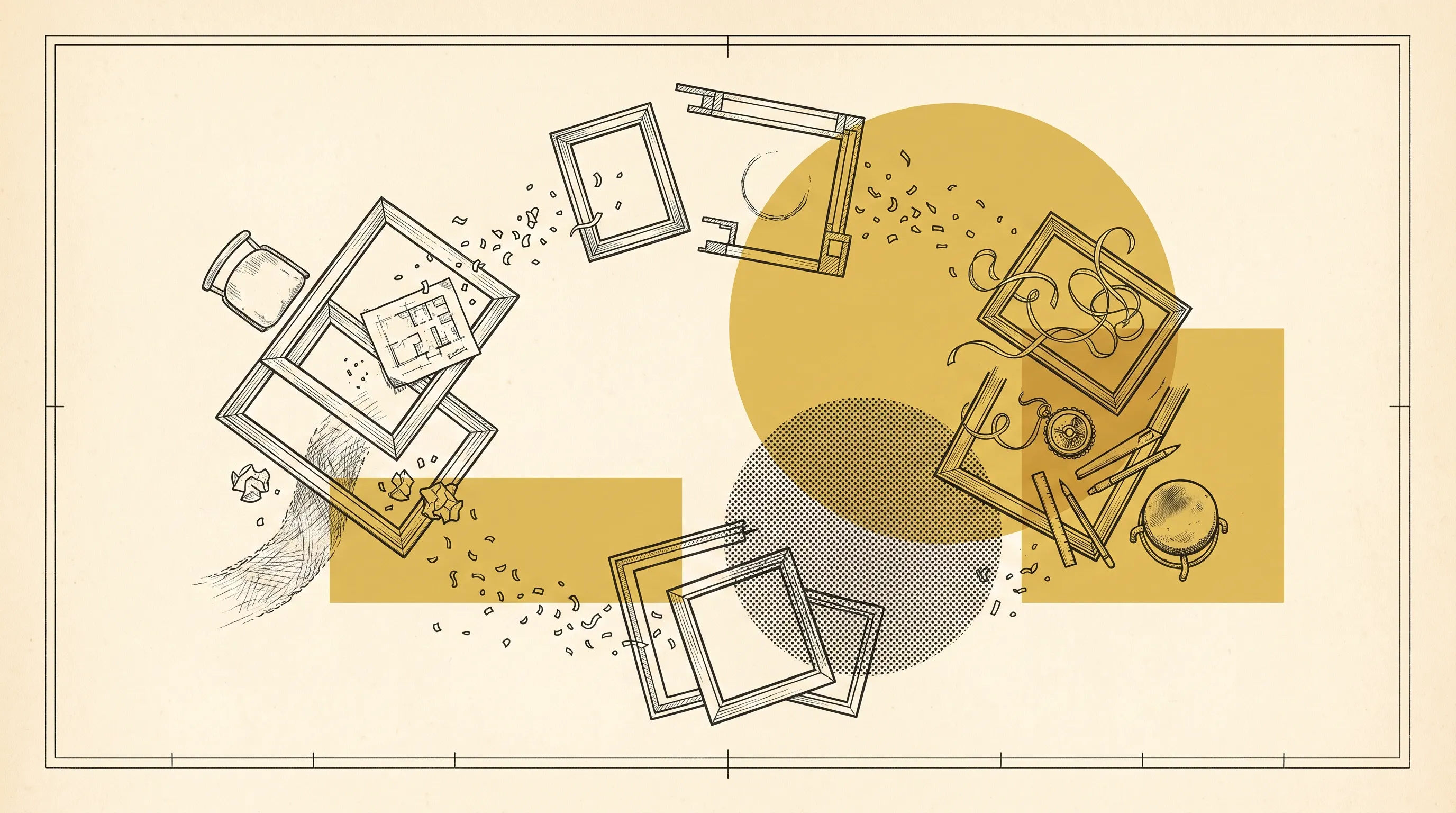Illustration of tumbling picture frames spilling confetti, ribbons, a compass and a floor plan across gold circles