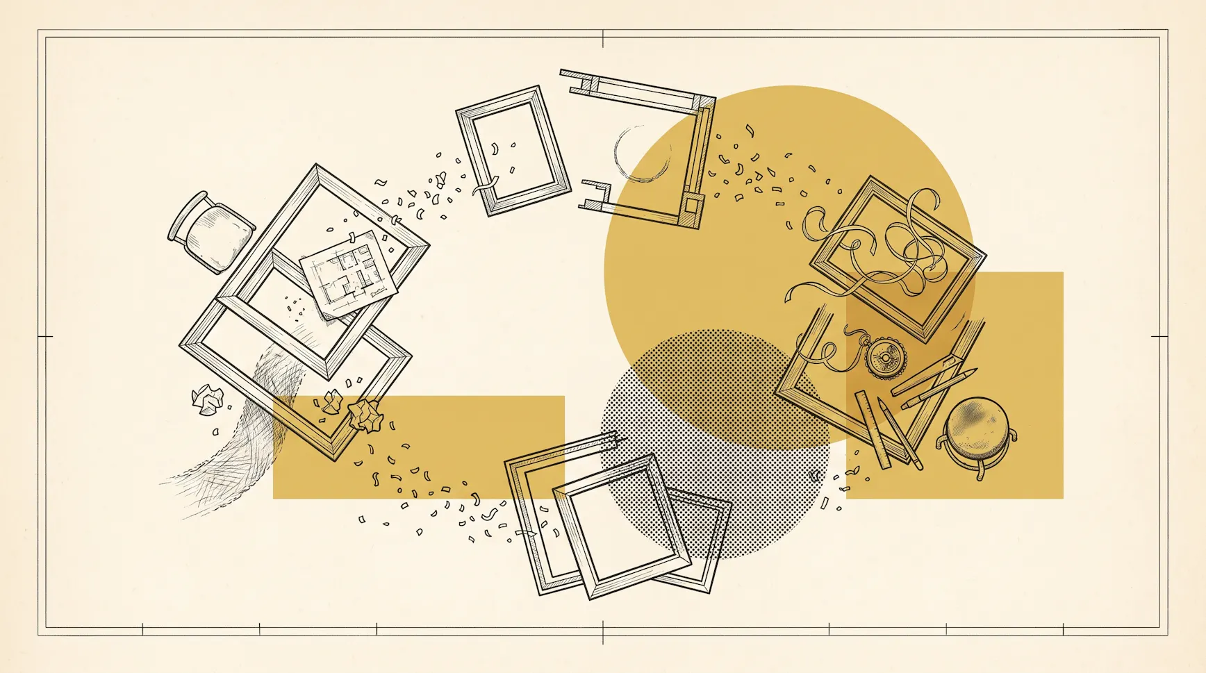 Illustration of tumbling picture frames spilling confetti, ribbons, a compass and a floor plan across gold circles
