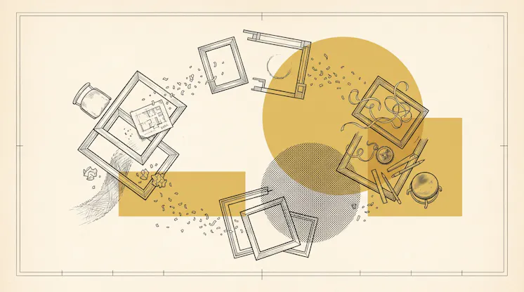Illustration of tumbling picture frames spilling confetti, ribbons, a compass and a floor plan across gold circles