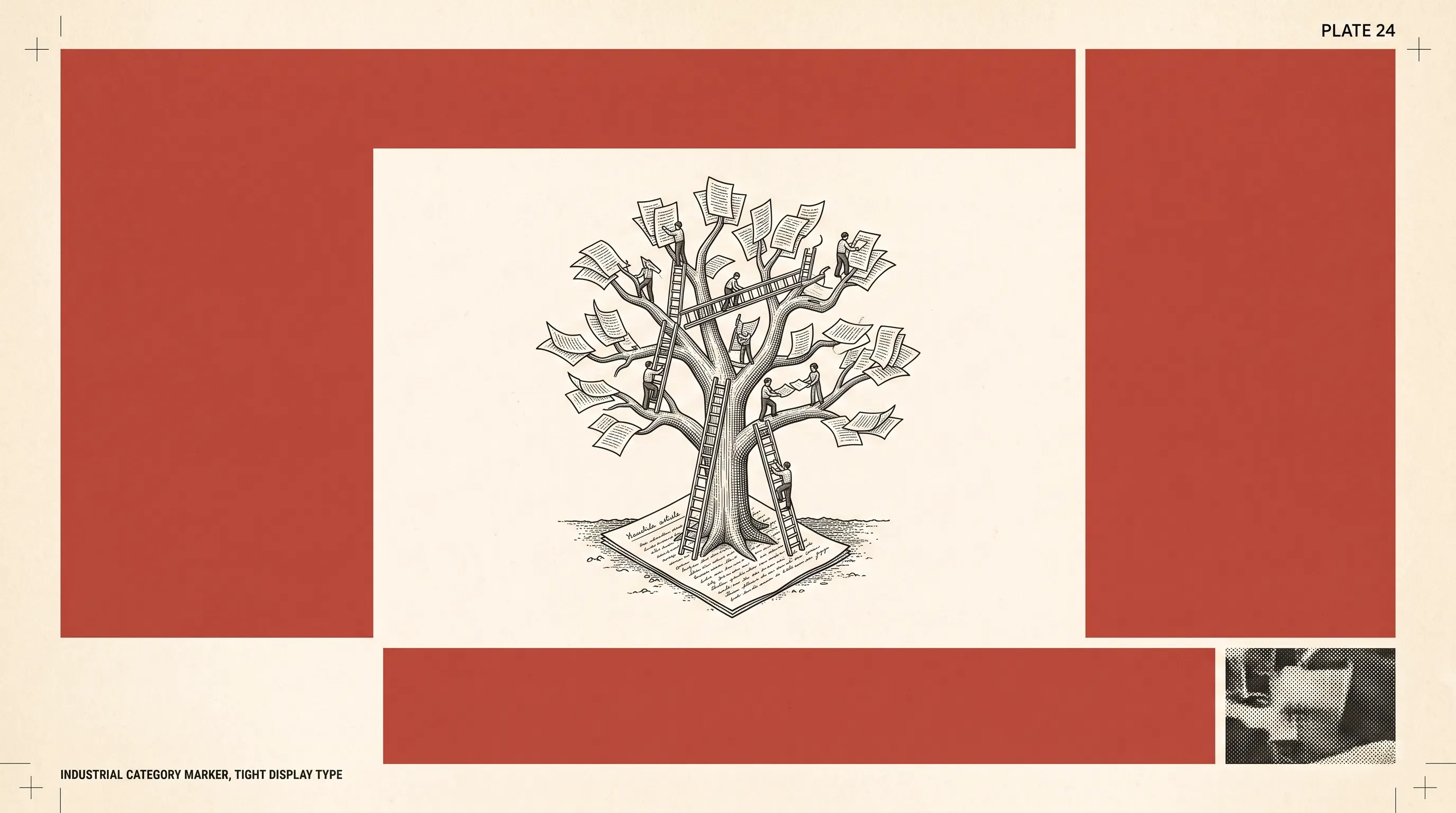 Illustration of people on ladders tending a tree whose leaves are pages of writing, symbolizing a growing business blog