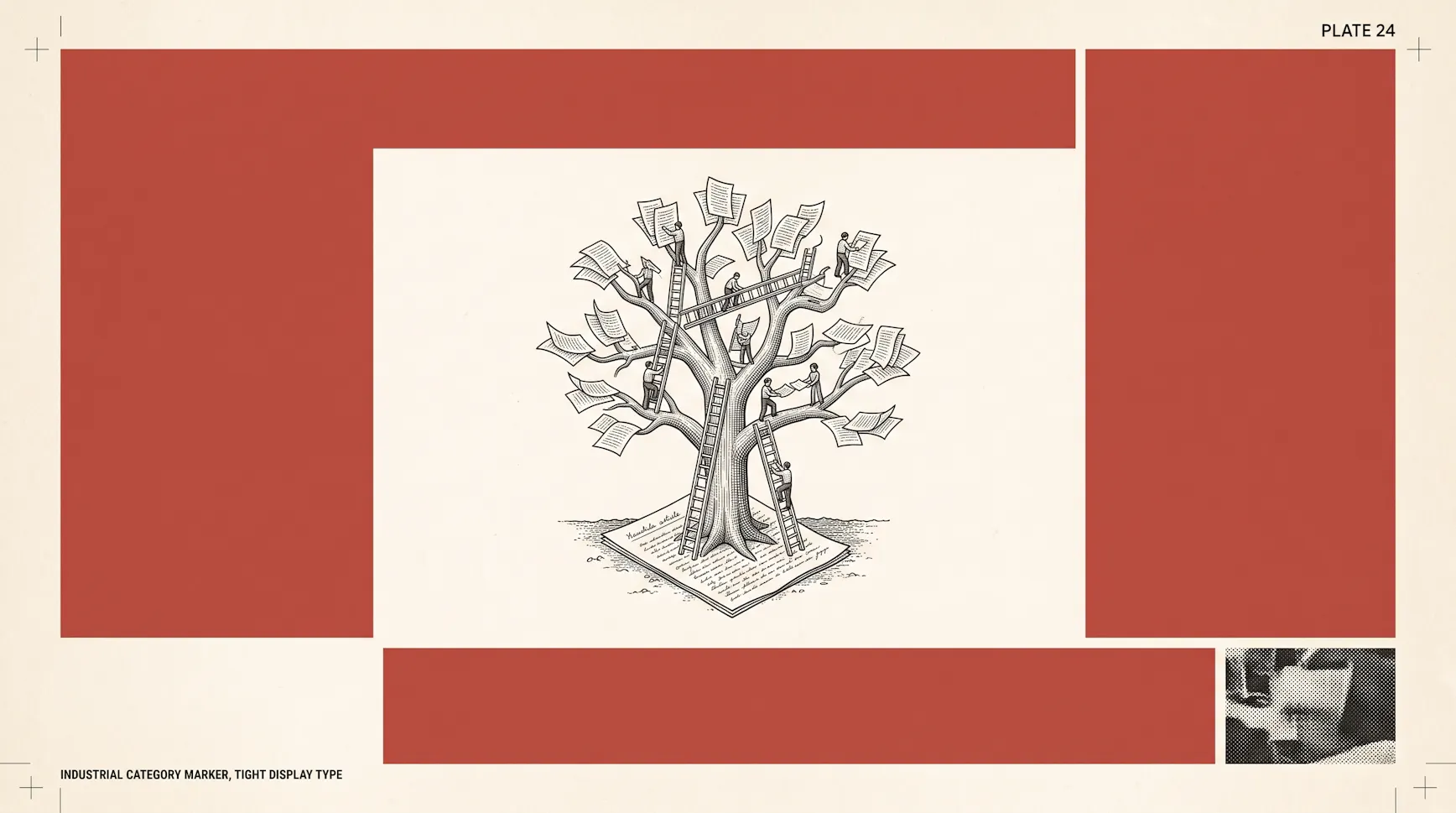 Illustration of people on ladders tending a tree whose leaves are pages of writing, symbolizing a growing business blog