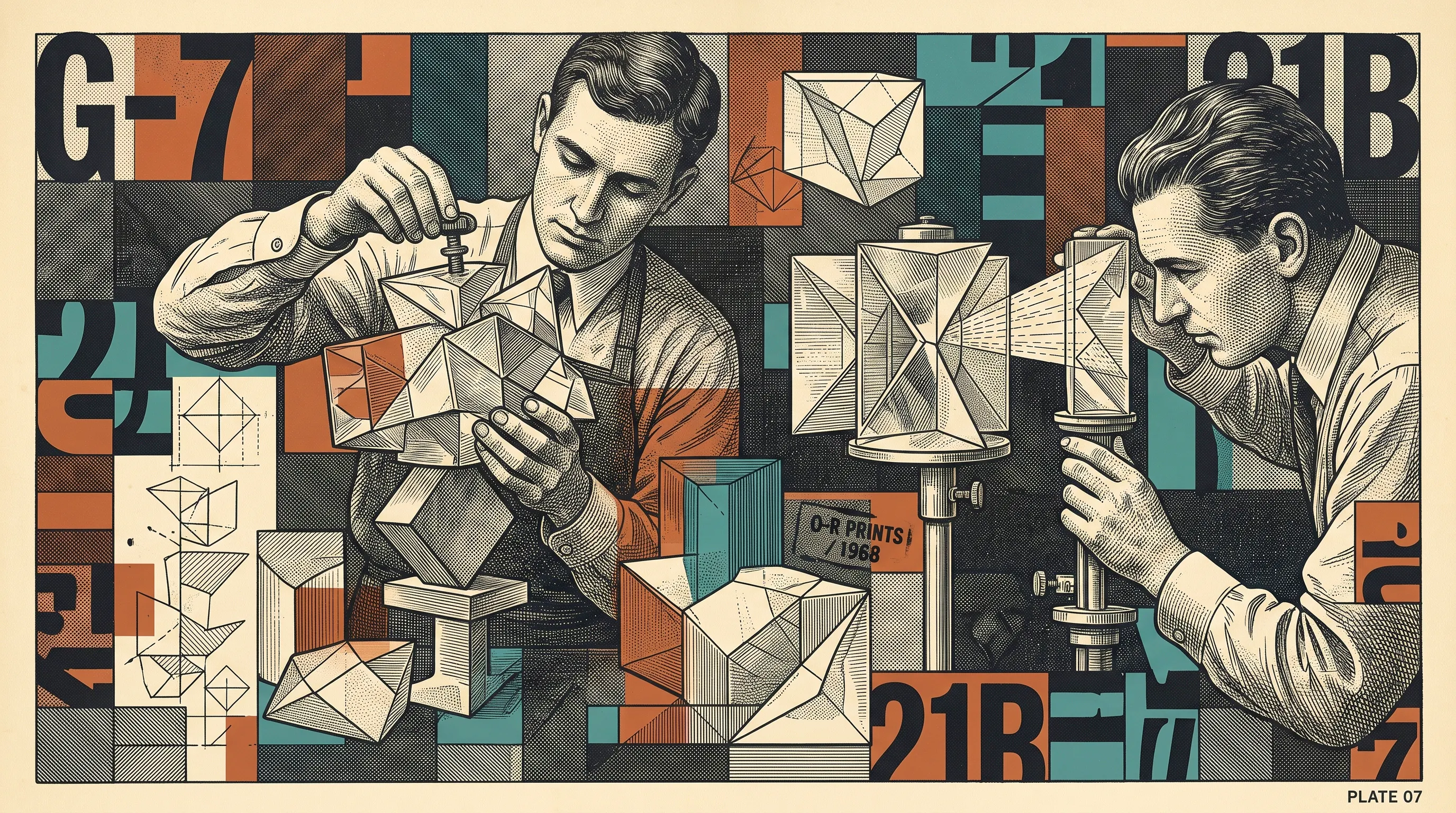 Illustration of two men examining glass prisms and geometric forms on stands, set in a collage of type and color blocks
