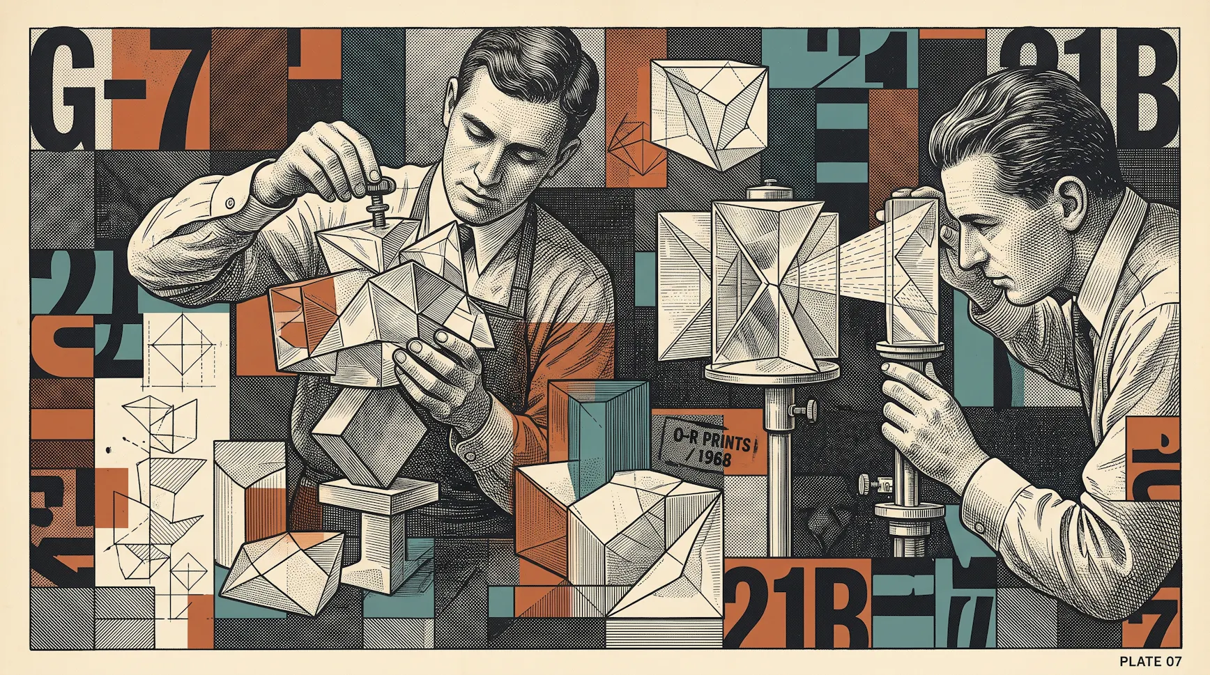 Illustration of two men examining glass prisms and geometric forms on stands, set in a collage of type and color blocks