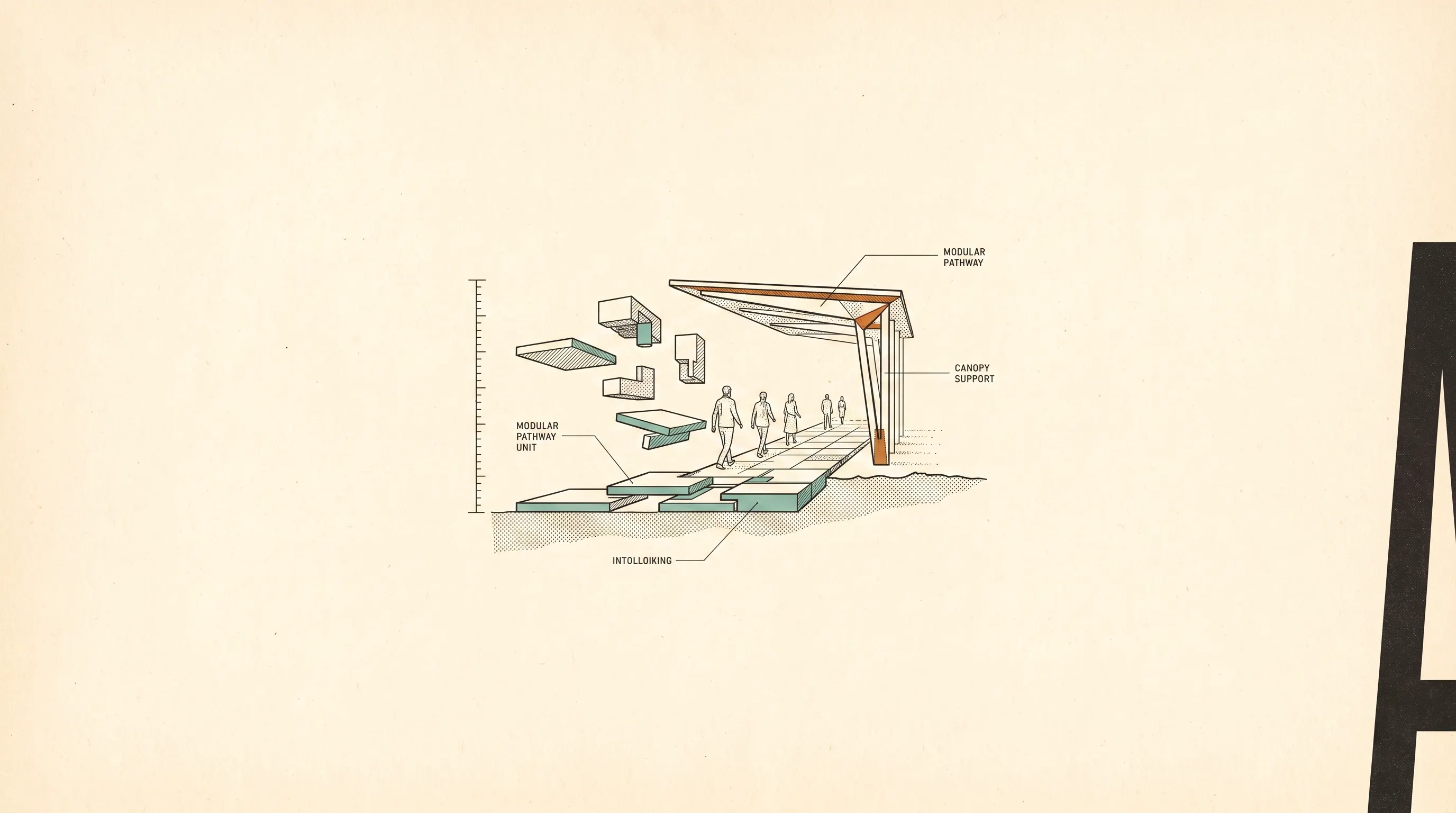 Small isometric illustration of people walking a modular pathway of interlocking units toward a canopy support