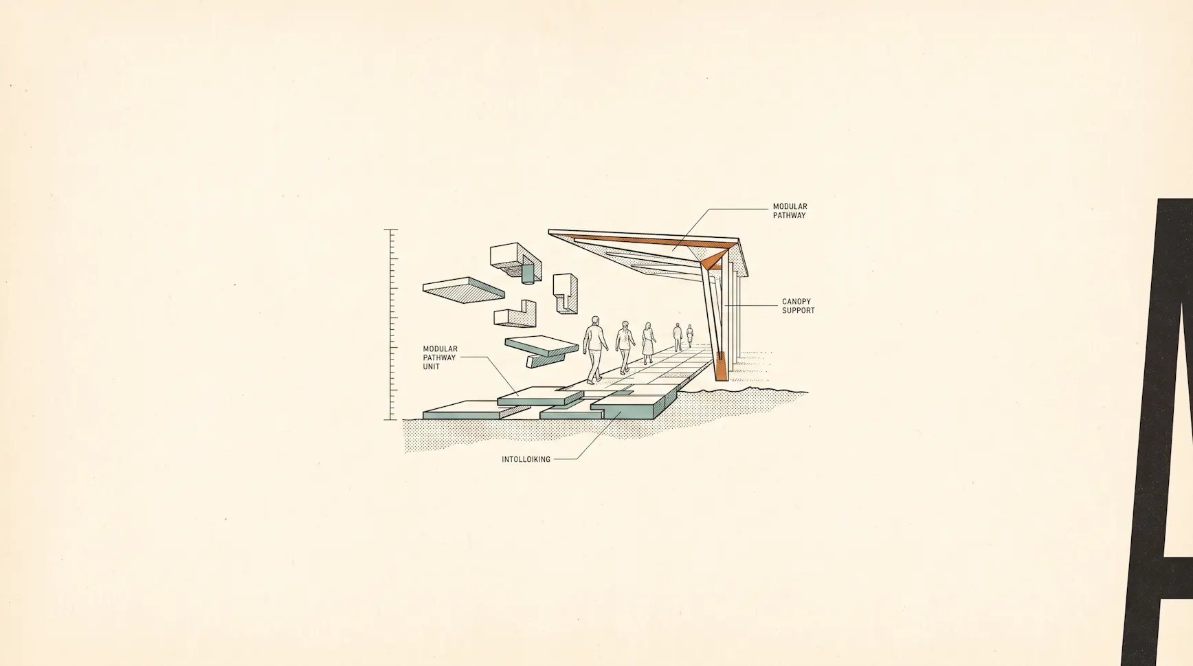 Small isometric illustration of people walking a modular pathway of interlocking units toward a canopy support
