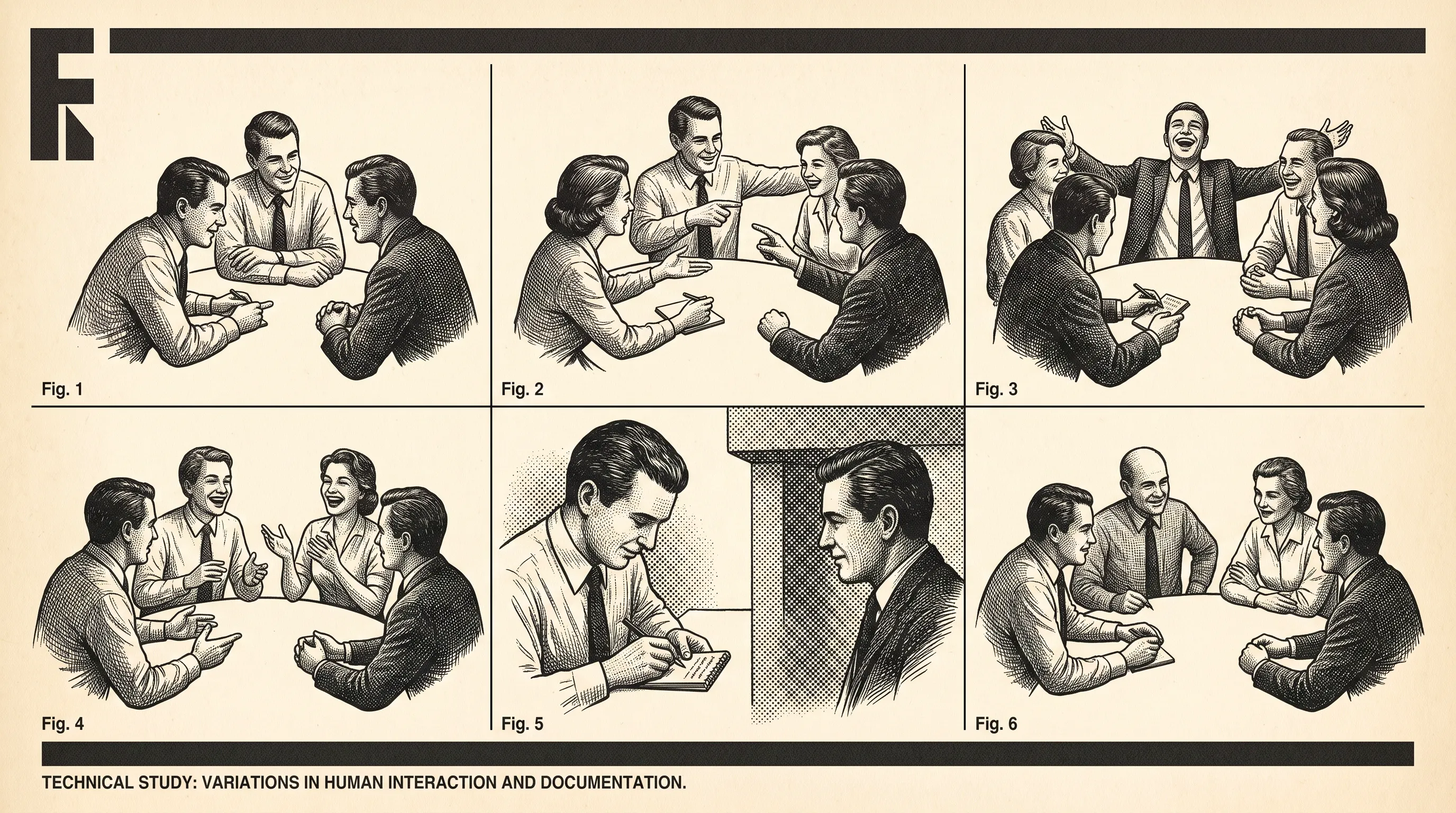 Six-panel illustration of small groups around a table in different meeting moods, captioned Variations in Human Interaction and Documentation