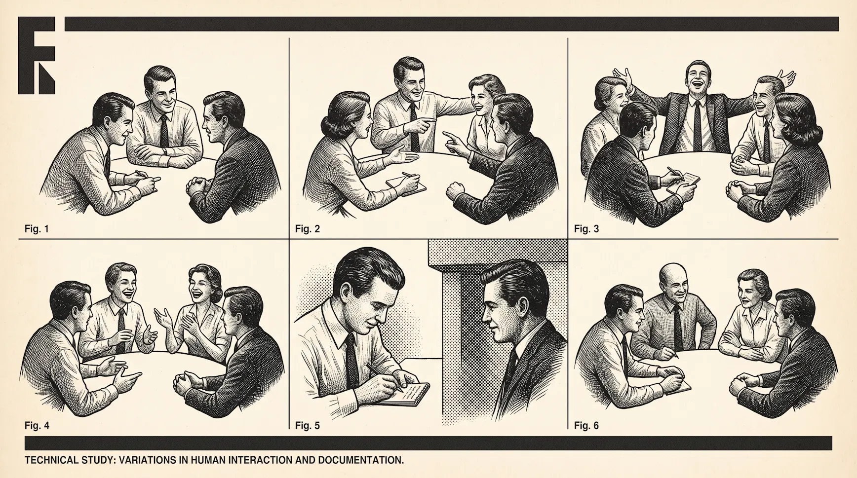 Six-panel illustration of small groups around a table in different meeting moods, captioned Variations in Human Interaction and Documentation