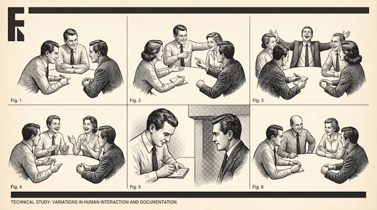 Six-panel illustration of small groups around a table in different meeting moods, captioned Variations in Human Interaction and Documentation