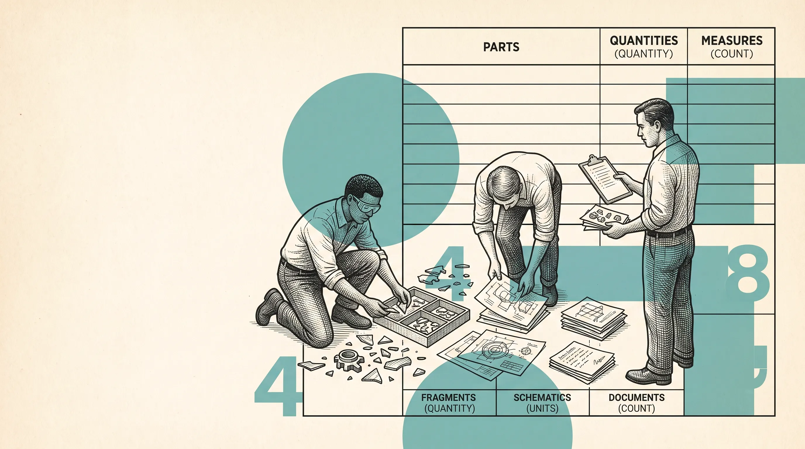 Illustration of three researchers sorting fragments, schematics and documents in front of a parts-and-quantities inventory table