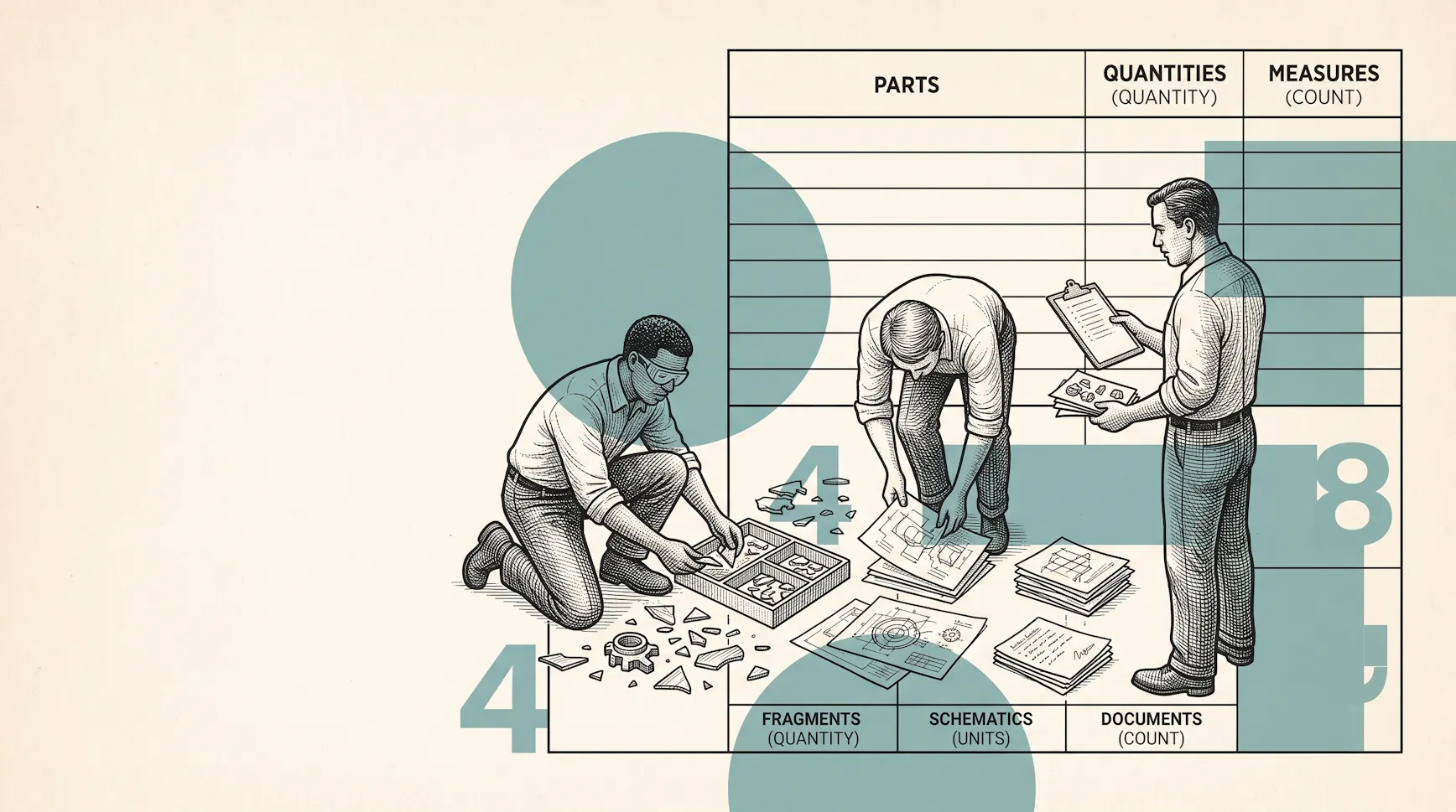 Illustration of three researchers sorting fragments, schematics and documents in front of a parts-and-quantities inventory table