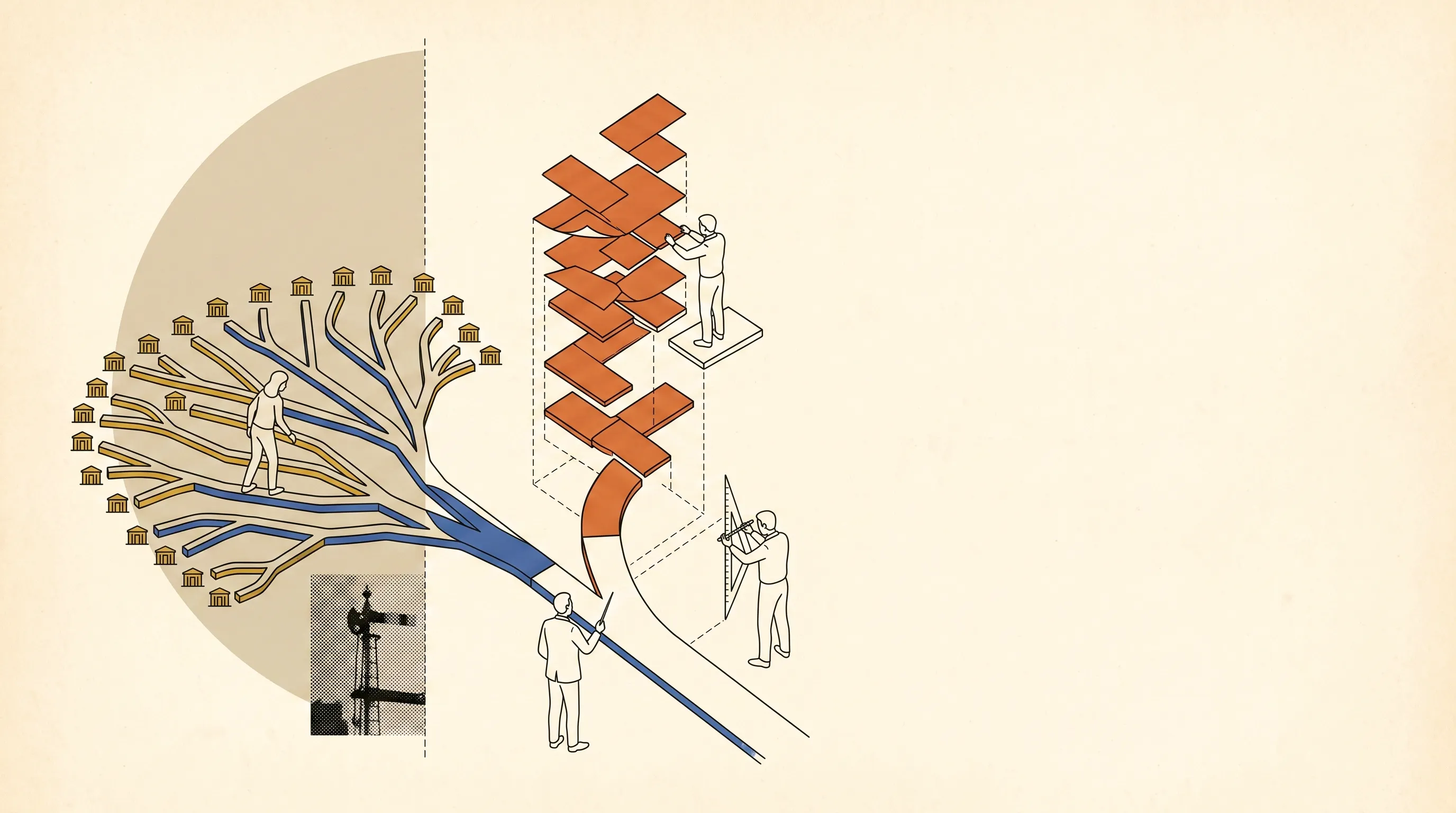Illustration contrasting a branching tree of paths dotted with small houses and workers stacking modular orange blocks