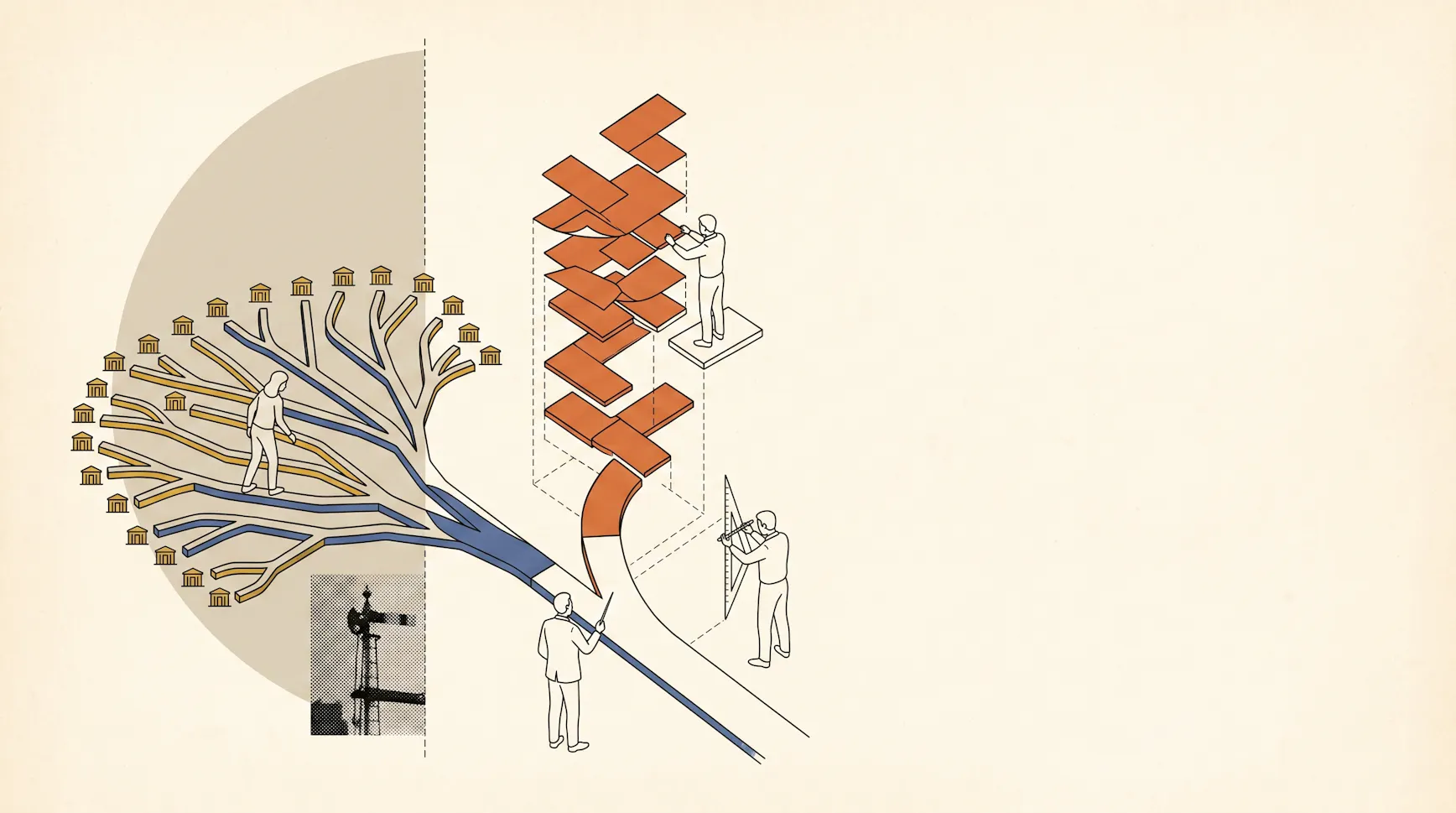 Illustration contrasting a branching tree of paths dotted with small houses and workers stacking modular orange blocks