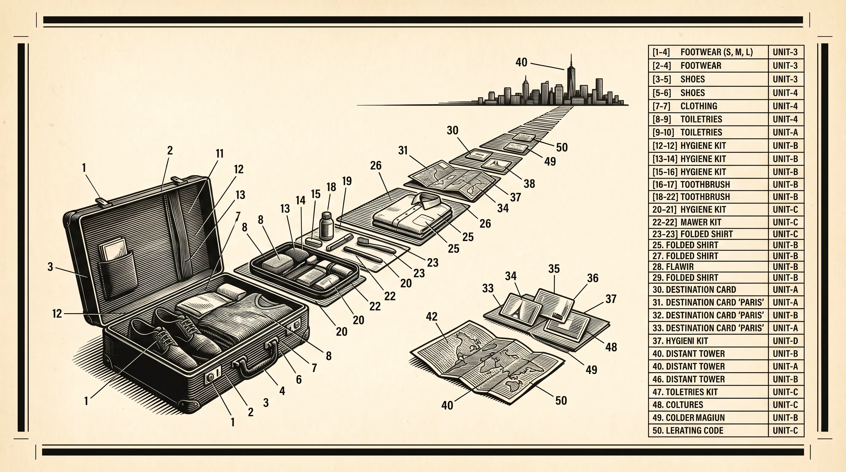 Vintage exploded diagram of a packed suitcase with numbered clothing, toiletries and maps leading toward a city skyline