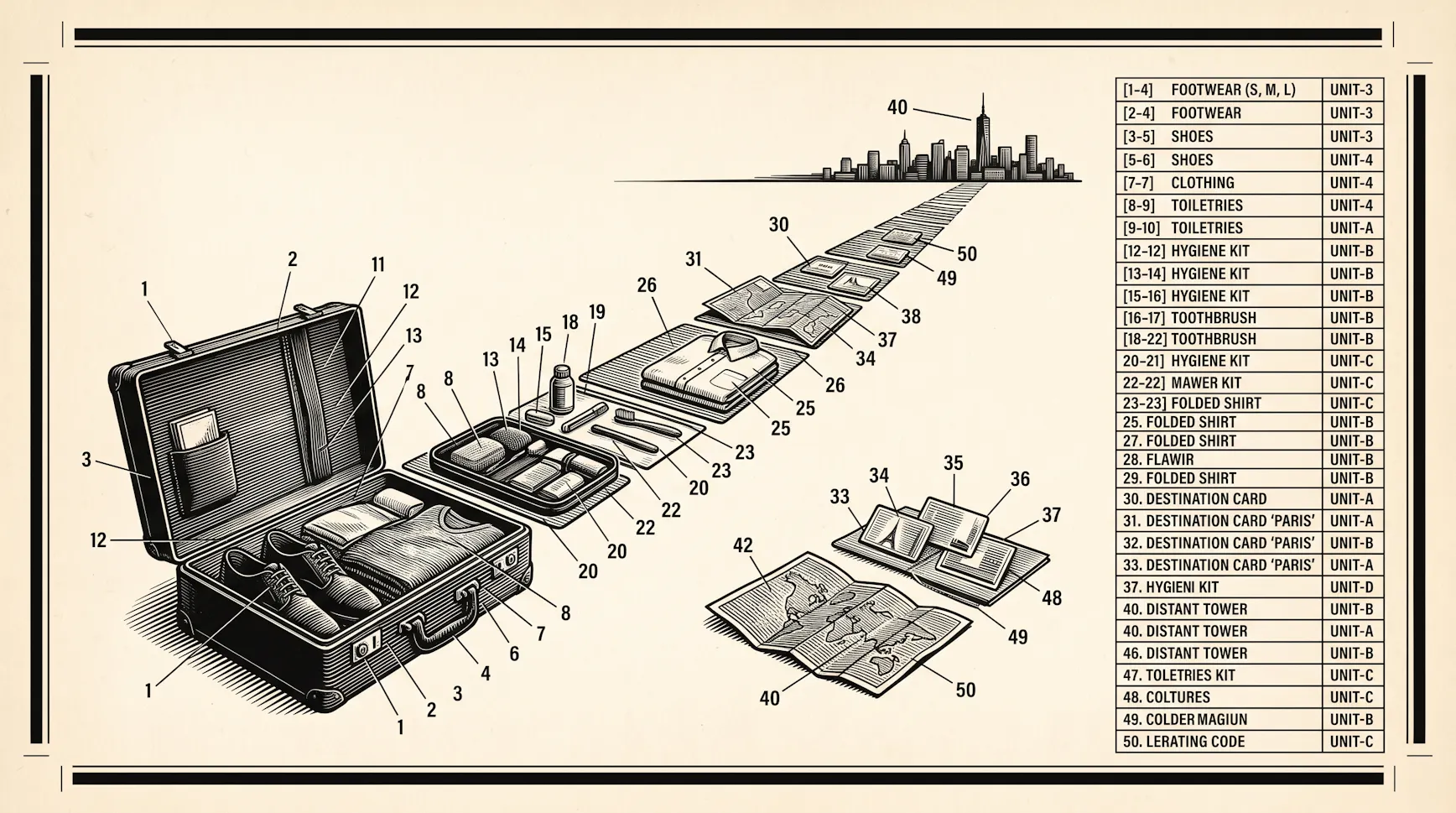 Vintage exploded diagram of a packed suitcase with numbered clothing, toiletries and maps leading toward a city skyline