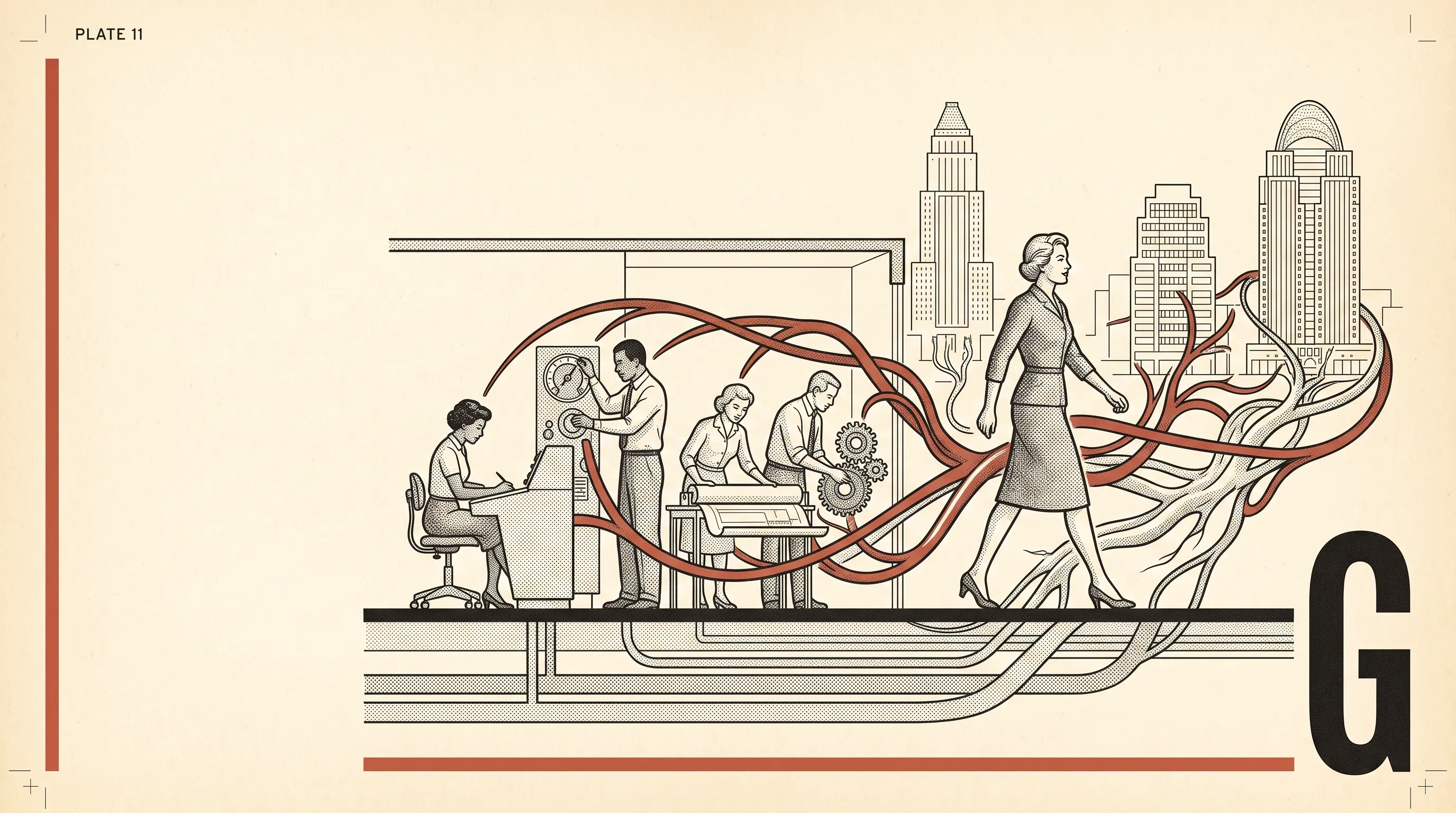Illustration of a woman in a suit striding from an office of workers at machines toward the Cincinnati skyline, trailing branching roots