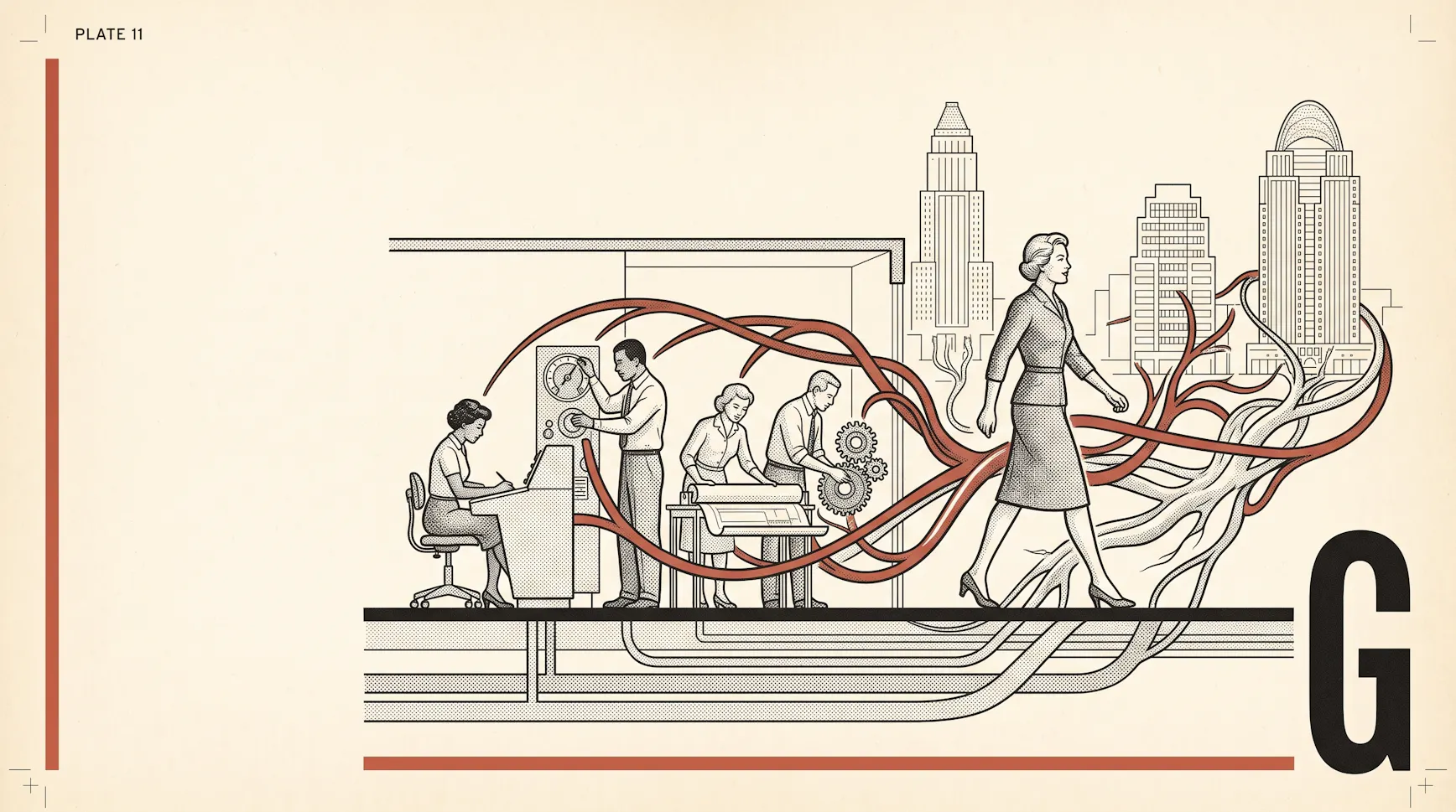Illustration of a woman in a suit striding from an office of workers at machines toward the Cincinnati skyline, trailing branching roots