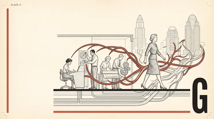 Illustration of a woman in a suit striding from an office of workers at machines toward the Cincinnati skyline, trailing branching roots