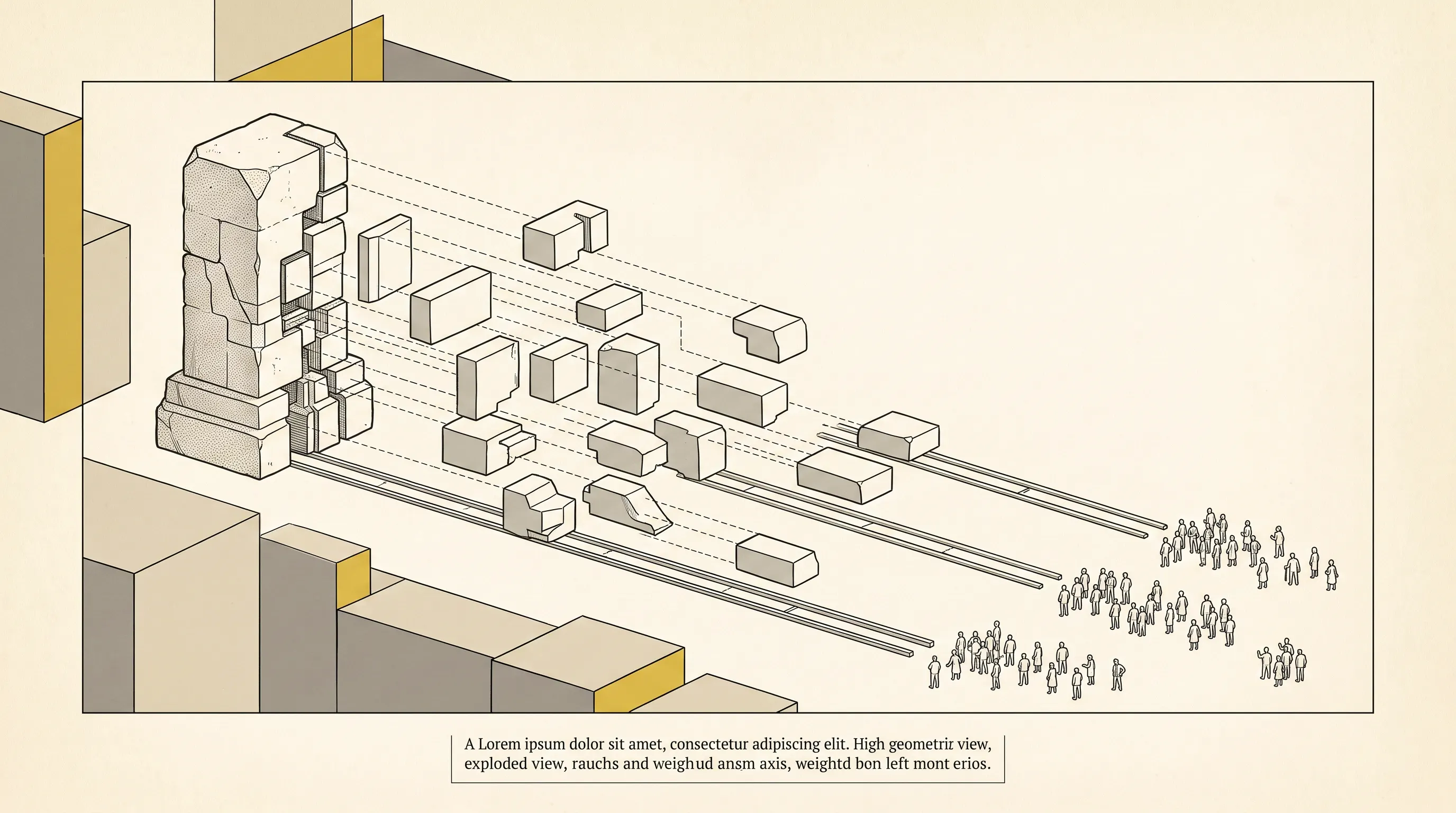 Isometric illustration of a stone monolith broken into smaller blocks travelling along rails toward crowds of people