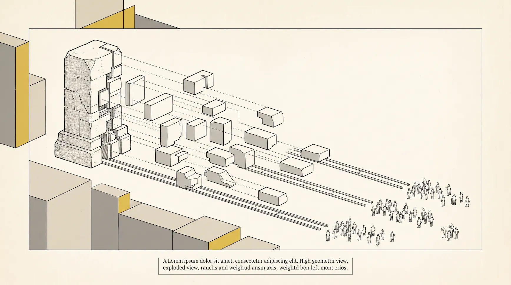 Isometric illustration of a stone monolith broken into smaller blocks travelling along rails toward crowds of people