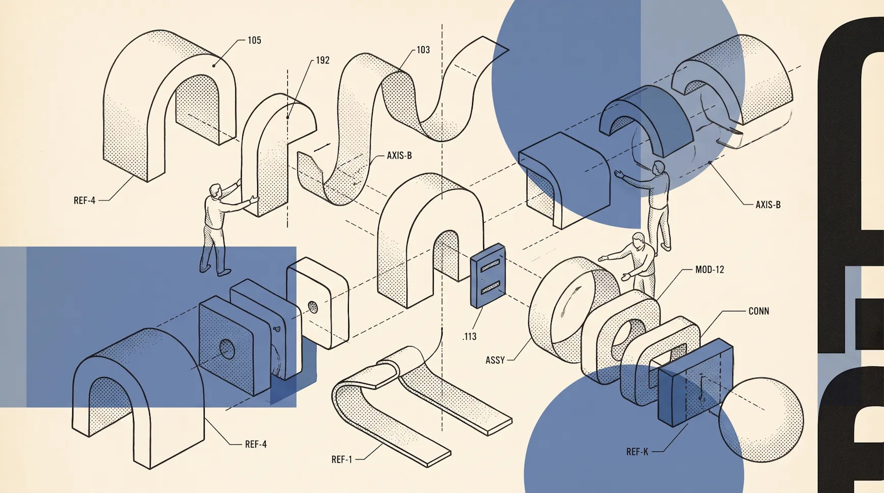 Exploded-view illustration of figures assembling modular arch, block and connector pieces in a technical drawing