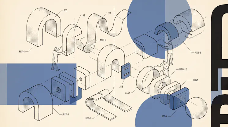 Exploded-view illustration of figures assembling modular arch, block and connector pieces in a technical drawing