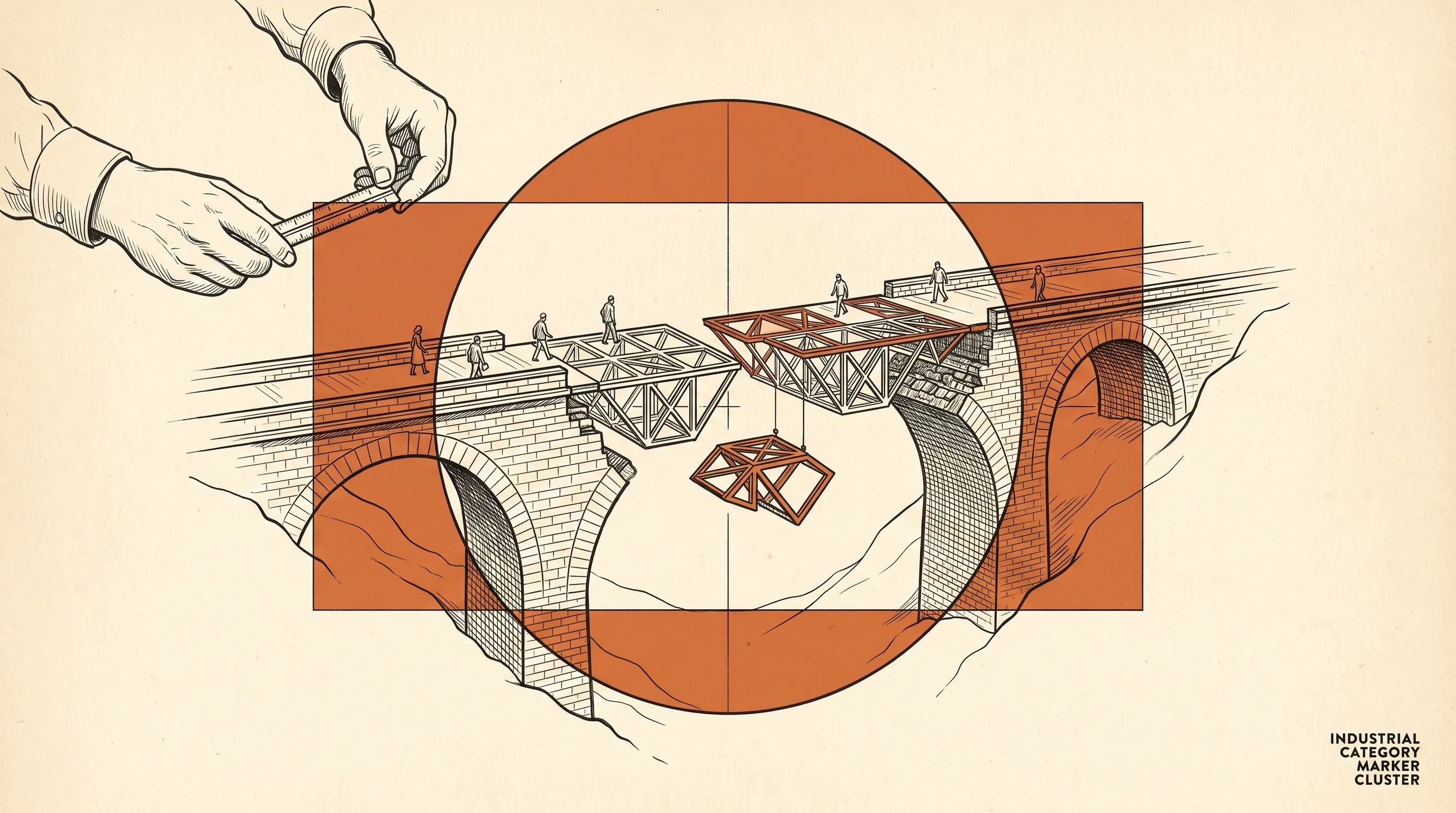 Illustration of workers replacing one truss section of a stone bridge at a time while people keep crossing