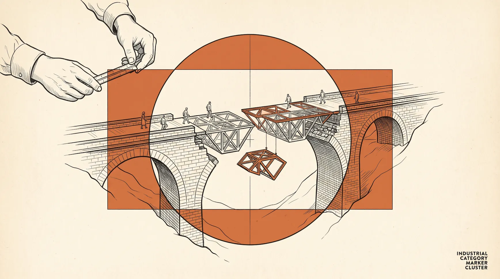 Illustration of workers replacing one truss section of a stone bridge at a time while people keep crossing