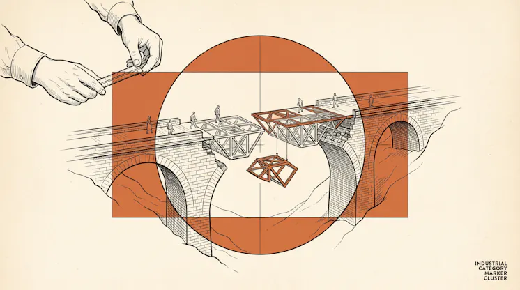 Illustration of workers replacing one truss section of a stone bridge at a time while people keep crossing