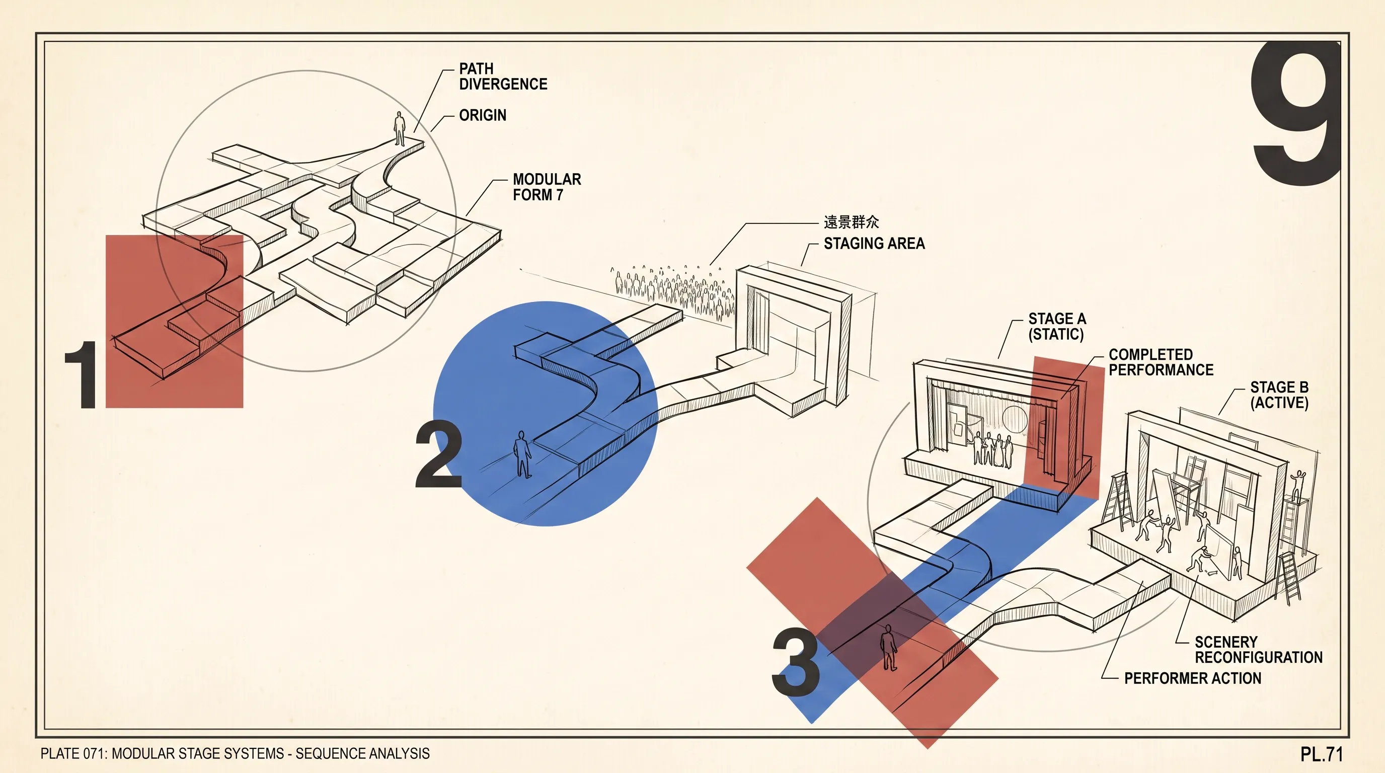 Technical plate illustration of modular stage systems, with a path diverging across platforms toward numbered staging areas