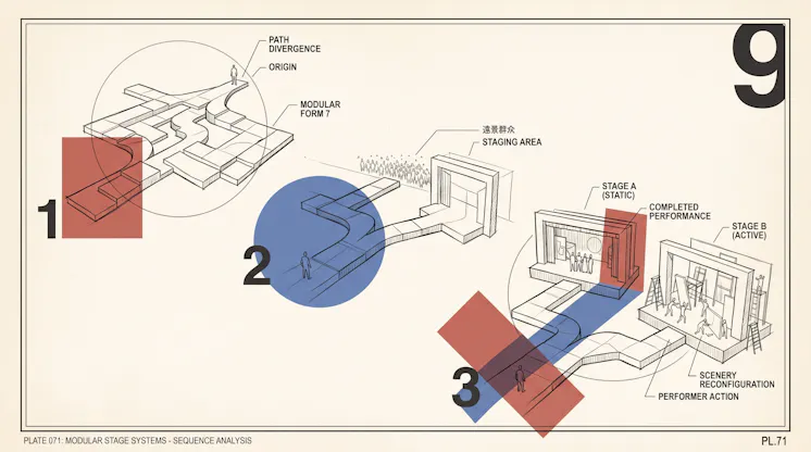 Technical plate illustration of modular stage systems, with a path diverging across platforms toward numbered staging areas