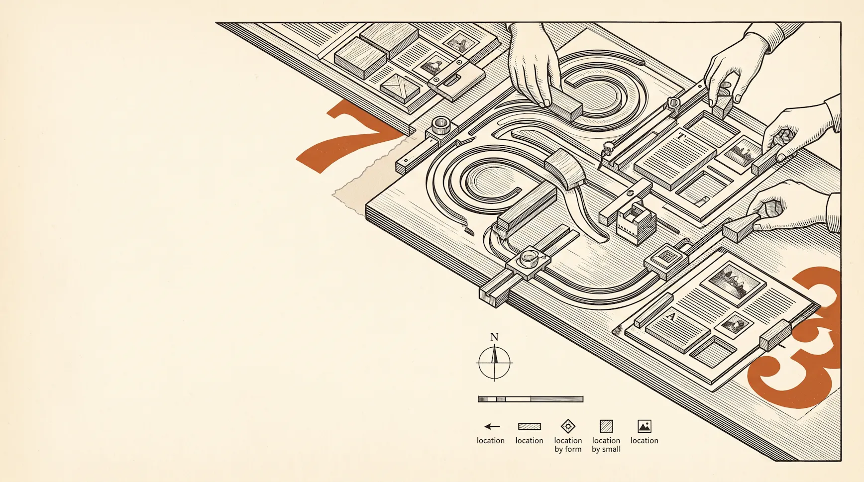 Illustration of hands assembling a modular circuit of curved tracks, blocks and framed panels on a board, with a map legend