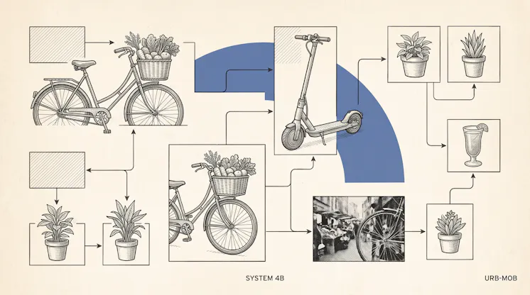 Flowchart-style illustration linking a bicycle with a basket of vegetables, an electric scooter, potted plants and a market scene
