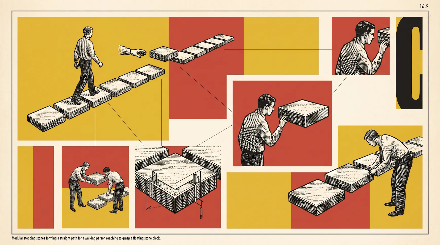 Retro illustration of a man walking a path of modular stepping stones while others lift and fit stone blocks into place