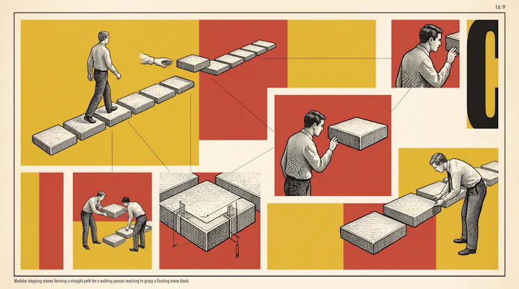 Retro illustration of a man walking a path of modular stepping stones while others lift and fit stone blocks into place